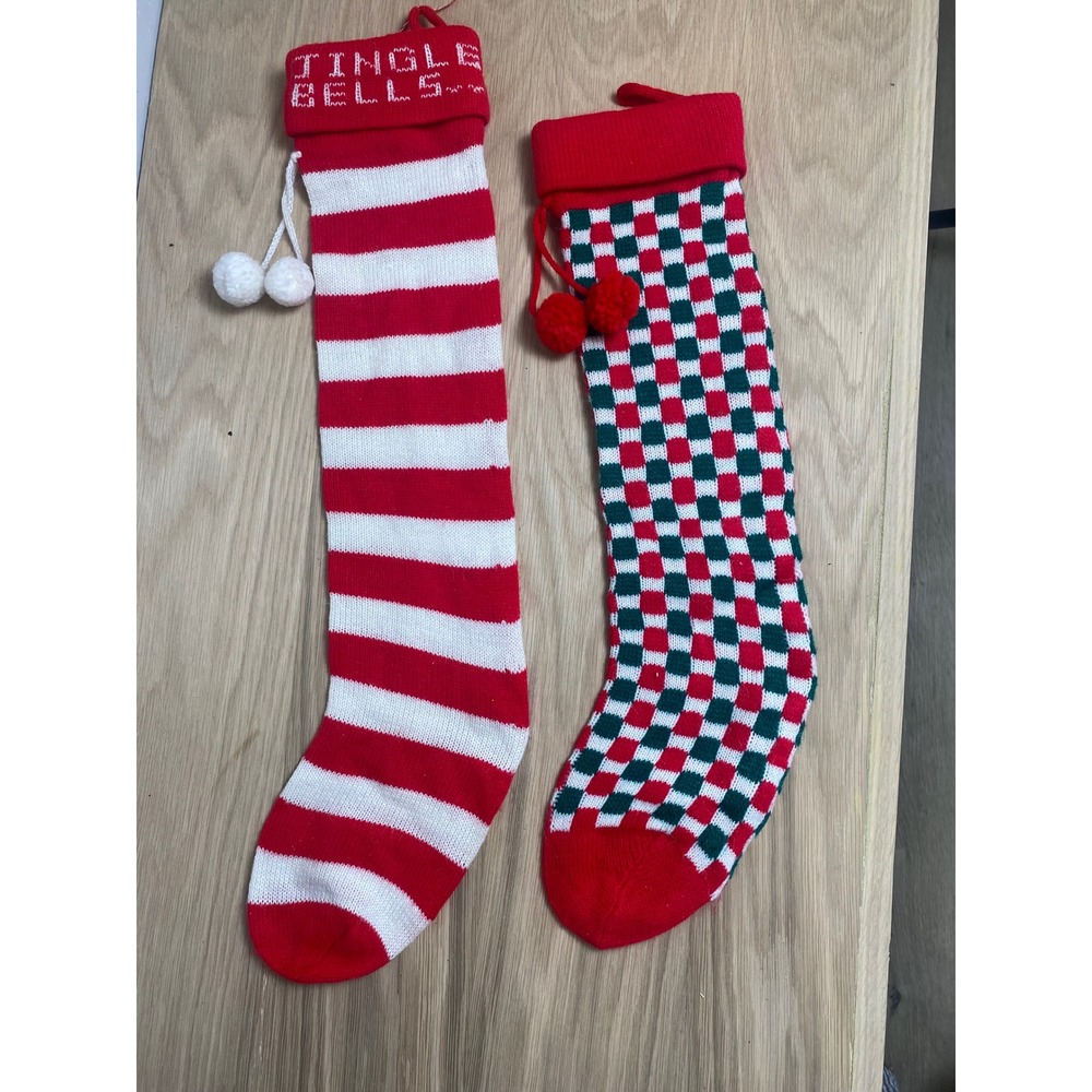 Vintage Knit Christmas Stockings Set 2 Red White Stripe Green Checkered Pom Pom